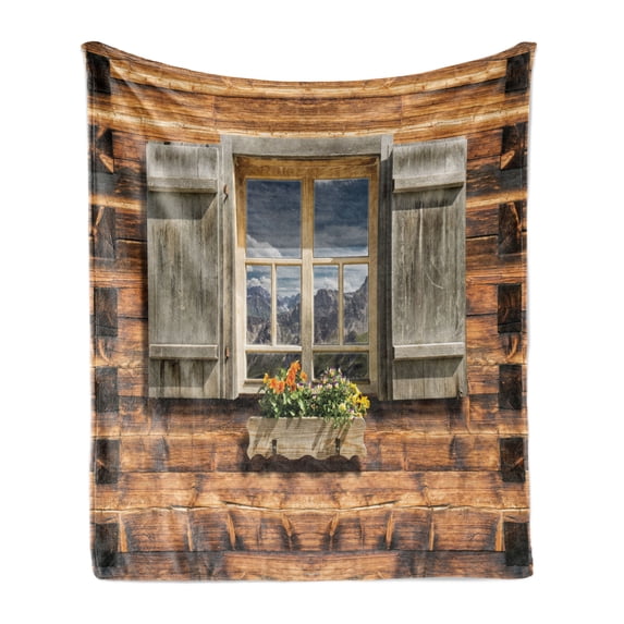 Shutters Soft Flannel Fleece Throw Blanket, Weathered Facade of a Mountain Hut with Summer Mountain Reflections on Window, Cozy Plush for Indoor and Outdoor Use, 70" x 90", Brown Green, by Ambesonne