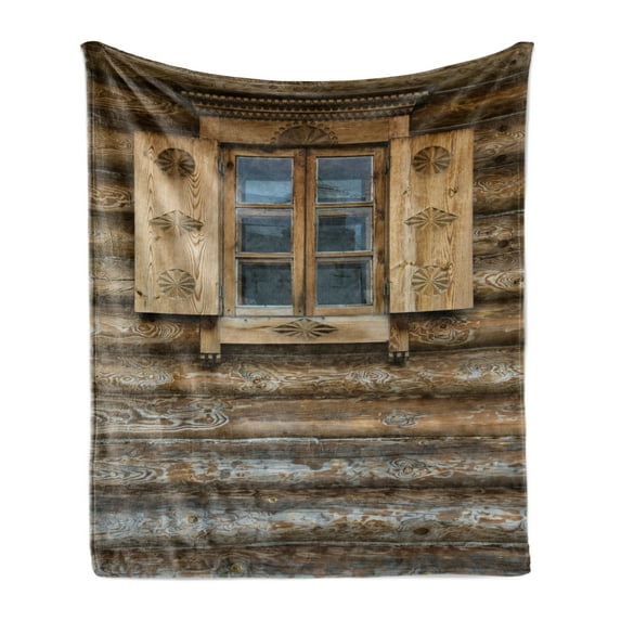 Shutters Soft Flannel Fleece Throw Blanket, Windows Patterned on the Wall of the Old Wooden House Cottage Print, Cozy Plush for Indoor and Outdoor Use, 50" x 70", Brown Beige, by Ambesonne