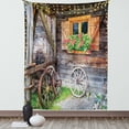 thumbnail image 1 of Shutters Tapestry, Weathered Window with Flowers in Pot Wheels Farmhouse Rural Scene Front View, Wall Hanging for Bedroom Living Room Dorm Decor, 40W X 60L Inches, Brown Green Red, by Ambesonne, 1 of 5