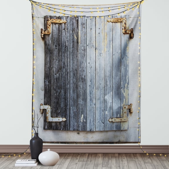 Shutters Tapestry, Wooden Window Shutters with Shabby Paint Rusty Antique Traditional Village Picture, Wall Hanging for Bedroom Living Room Dorm Decor, 60W X 80L Inches, Charcoal, by Ambesonne