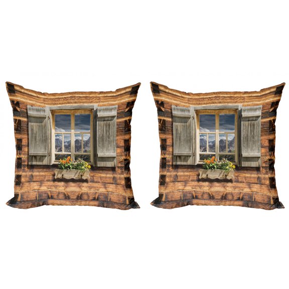 Ambesonne Rustic Throw Pillow Cover 2 Pack, View from Mountain Hut, 18", Brown Green