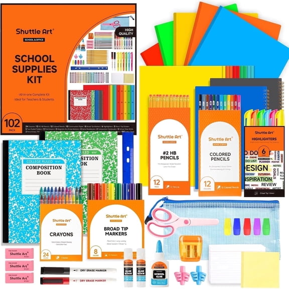 Shuttle Art 102 PCS All-in-One Back to School Supplies Kit, School Supplies for Grades K-5, Including Pencils, Pens, Markers, Erasers, Notebooks, Folders and More