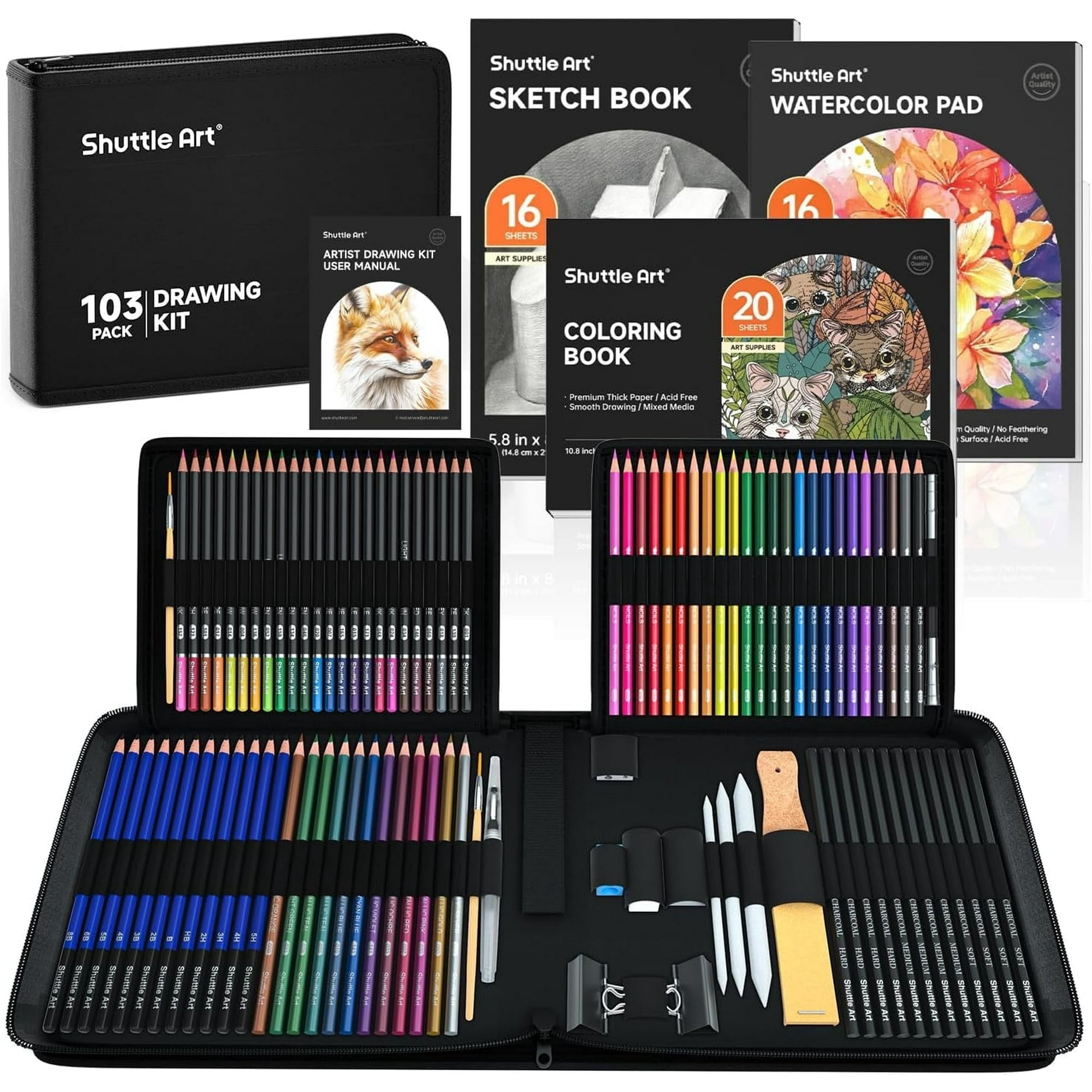 Shuttle Art 103 PCS Drawing Kit, Professional Drawing Supplies with Sketch, Charcoal, Colored, Graphite, Pastel Pencils & Sticks, Complete Drawing Tools and Paper Pads in Zipper Case