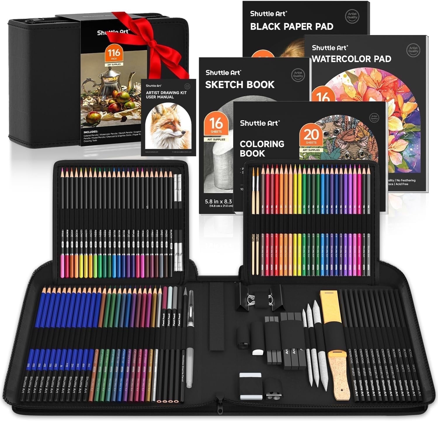 Shuttle Art 116 PCS Drawing Kit, Professional Drawing Supplies with Sketch, Charcoal, Colored, Graphite, Pastel Pencils & Sticks, Complete Drawing Tools and Paper Pads in Zipper Case