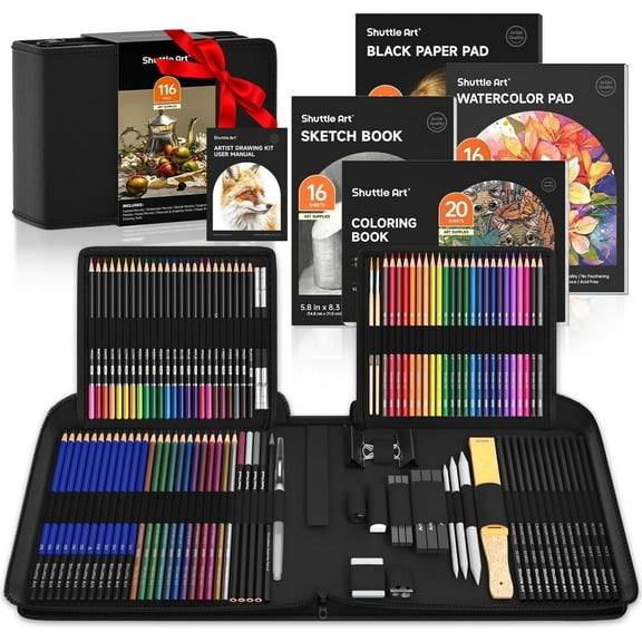 Shuttle Art 116 PCS Drawing Kit, Professional Drawing Supplies with Sketch, Charcoal, Colored, Graphite, Pastel Pencils & Sticks, Complete Drawing Tools and Paper Pads in Zipper Case