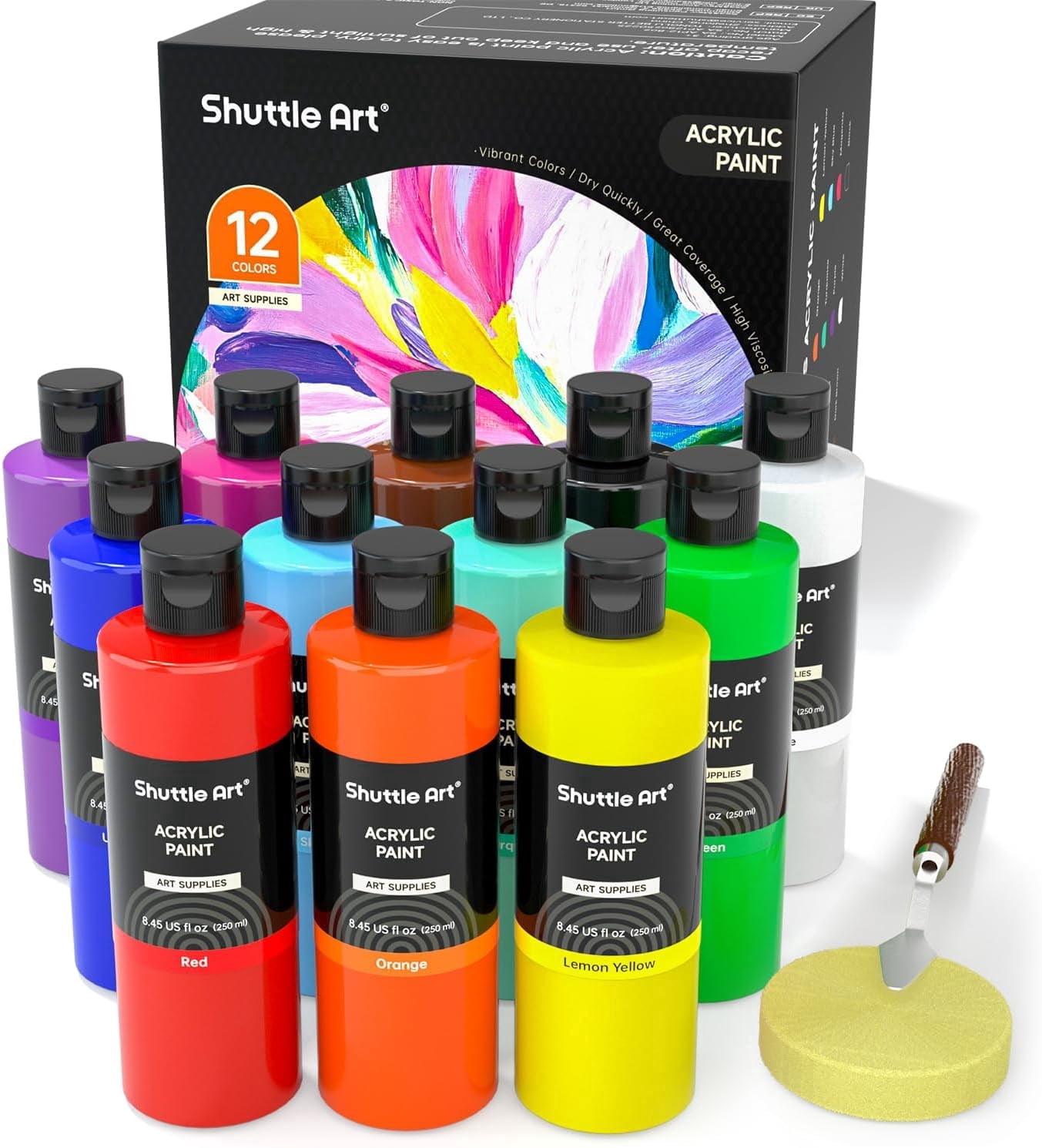 Shuttle Art 12 Colors Acrylic Paint, 250ml/8.45oz Bottles Acrylic Paint Set, Rich Pigments, Bulk Painting Supplies