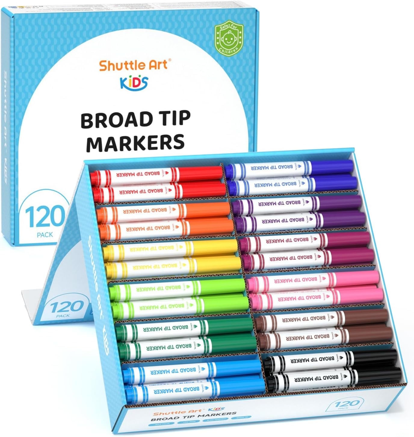 Shuttle Art 120 Count Washable Markers, 10 Assorted Colors Broad Line Conical Tip Large Markers Bulk with a Box