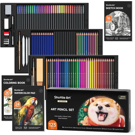 Shuttle Art 123 Pack Art Pencil Set, 36 Watercolor Pencils,36 Oil Based Pencils,12 Sketch Pencils,12 Metallic Color Pencils,12 Charcoal Pencils,15 Pieces Drawing Kit, Great Gift