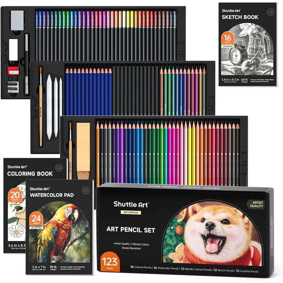 Shuttle Art 123 Pack Art Pencil Set, 36 Watercolor Pencils,36 Oil Based Pencils,12 Sketch Pencils,12 Metallic Color Pencils,12 Charcoal Pencils,15 Pieces Drawing Kit, Great Gift
