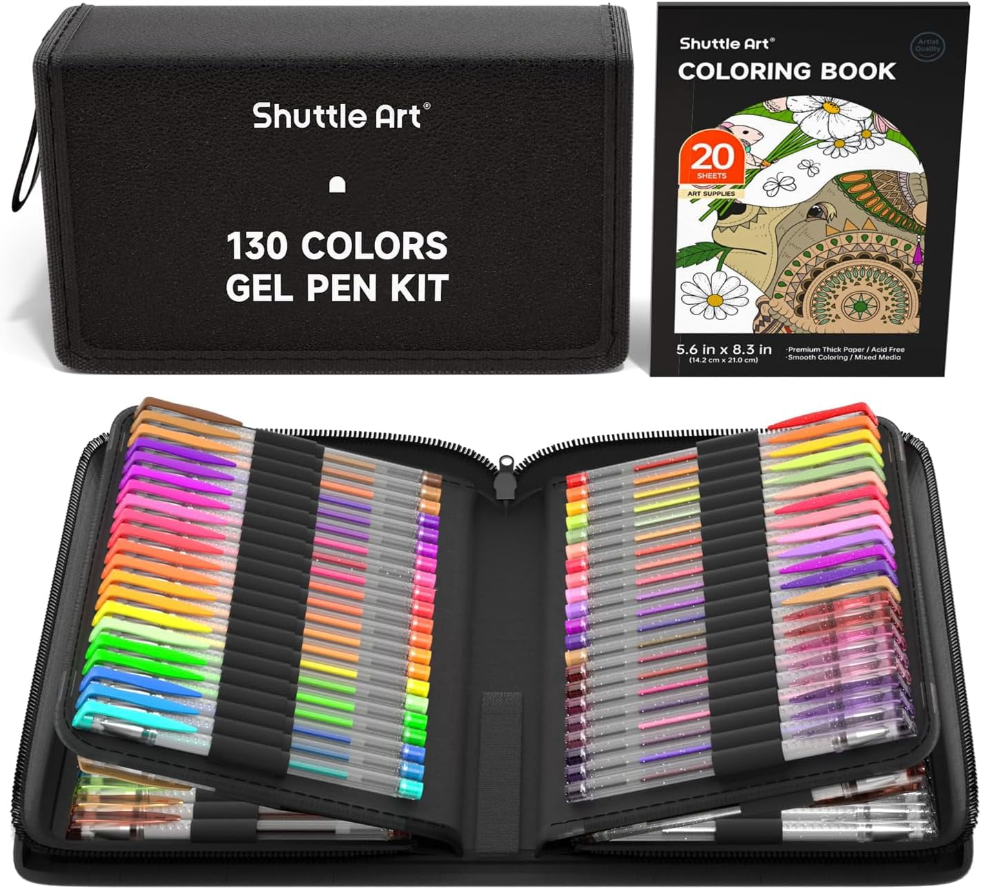 Shuttle Art 130 Colors Gel Pen with 1 Coloring Book in Travel Case