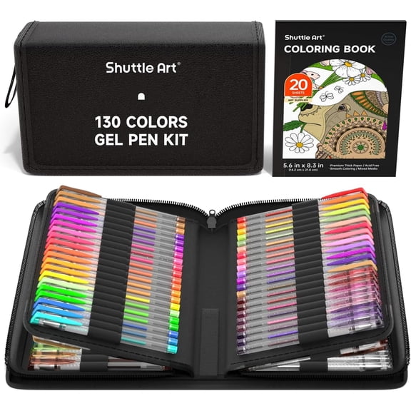 Shuttle Art 130 Colors Gel Pen with 1 Coloring Book in Travel Case for adults coloring books drawing