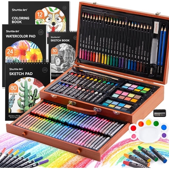 Shuttle Art 149 Piece Deluxe Art Set, Art Supplies in Wooden Case, Painting Drawing Art Kit with Crayons Colored Pencils Oil Pastels Watercolor Cakes Coloring Book Sketch Pad for Adults
