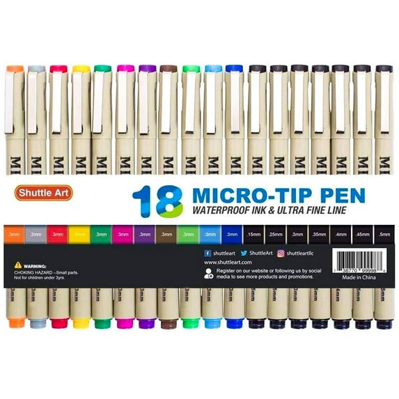 Shuttle Art 18 Pack Ultra Fine Point Tip Micro Line Pens - Waterproof Archival Ink & 11 Colors in 0.3MM Felt Tip - 7 Blacks in Tip Sizes 0.15MM to 0.5MM For Journaling, Drawing