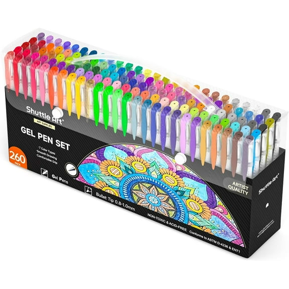 Shuttle Art 260 Pack Gel Pens Set 220% Ink Gel Pen for Adult Coloring Books Art Markers 130 Colored Gel Pens Plus 130 Refills