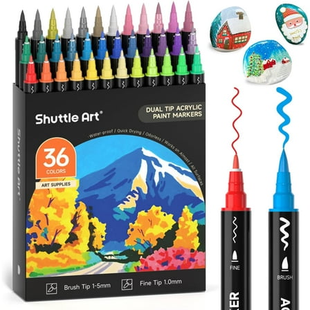 Shuttle Art 36 Colors Dual Tip Acrylic Paint Markers, Brush Tip and Fine Tip Acrylic Paint Pens for Rock Painting, Ceramic, Wood, Canvas, Plastic, Glass, Stone, Calligraphy, Card Making, DIY Crafts