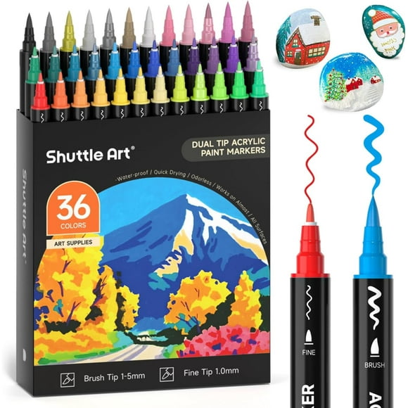 Shuttle Art 36 Colors Dual Tip Acrylic Paint Markers, Brush Tip and Fine Tip Acrylic Paint Pens for Rock Painting, Ceramic, Wood, Canvas, Plastic, Glass, Stone, Calligraphy, Card Making, DIY Crafts