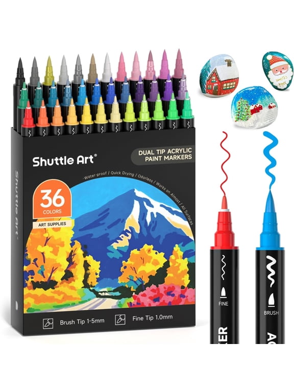 36 Colors Dual Tip Acrylic Paint Markers, Brush Tip and Fine Tip Acrylic Paint Pens for Rock Painting, Ceramic, Wood, Canvas, Plastic, Glass, Stone, Calligraphy, Card Making, DIY Crafts