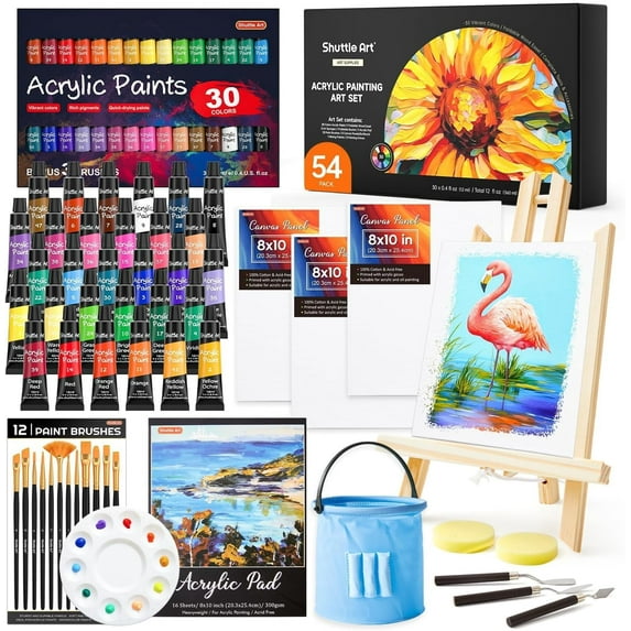 Shuttle Art 54 Pack Acrylic Paint Set, Acrylic Painting Set with 30 Colors Acrylic Paint, Wooden Easel, Painting Canvas, Paint Brushes, Palette, Art Painting Supplies for Adults Beginner Artists