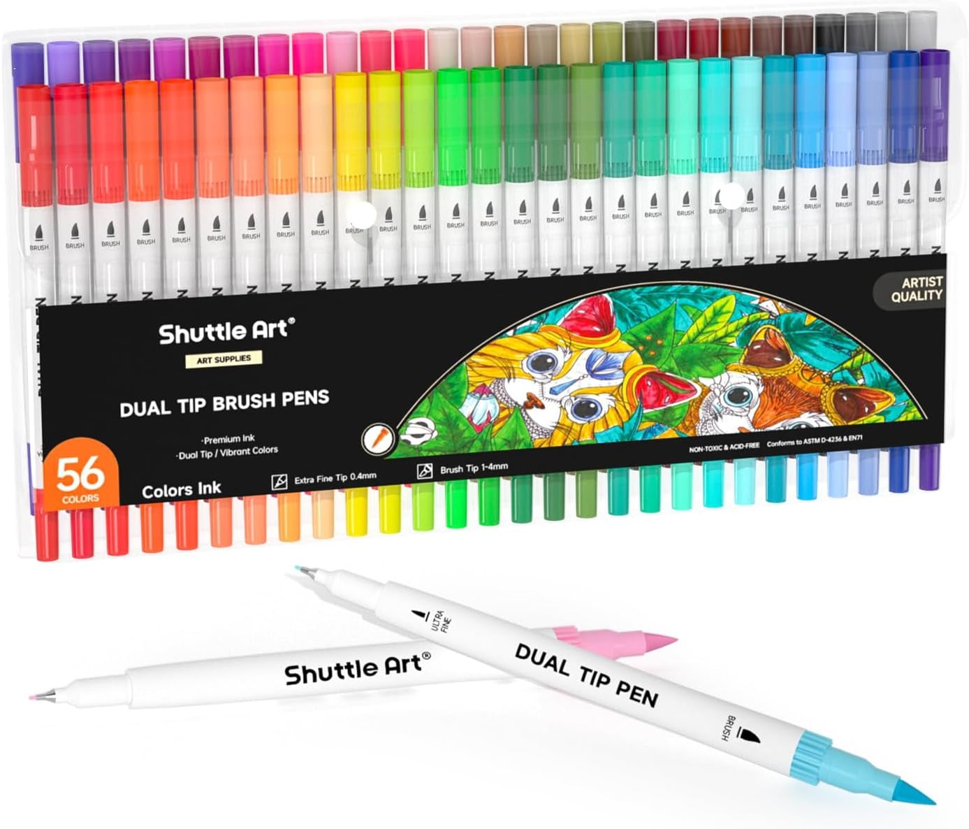 Shuttle Art 56 Colors Dual Tip Brush Markers Art Set for Coloring