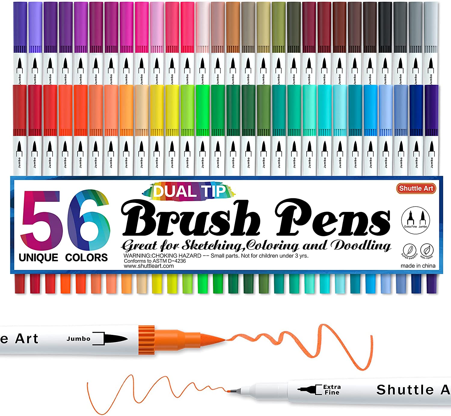 Shuttle Art 56 Colors Dual Tip Brush Pens Art Markers,Brush Tip with  Fineliner 0.4 Markers Pen Set for Adult coloring books