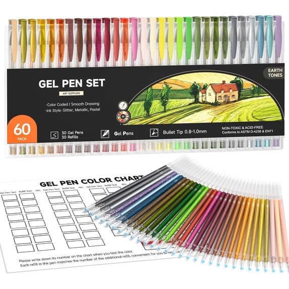 Shuttle Art 60 Pack Earth Tone Gel Pens, 30 Brown Earth Tone Gel Pens with 30 Refills for Adults Coloring Books Journaling Drawing Nature, Landscapes, Animals Scenes