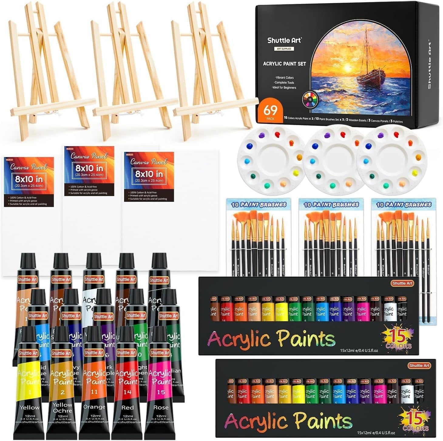 Shuttle Art 69 Pack Acrylic Paint Set, Acrylic Painting Set with 2 Pack of 15 Colors Acrylic Paint, 3 Sets of Wooden Easels, Canvas, Brushes & Palettes, Art Painting Supplies for Adults Beginner