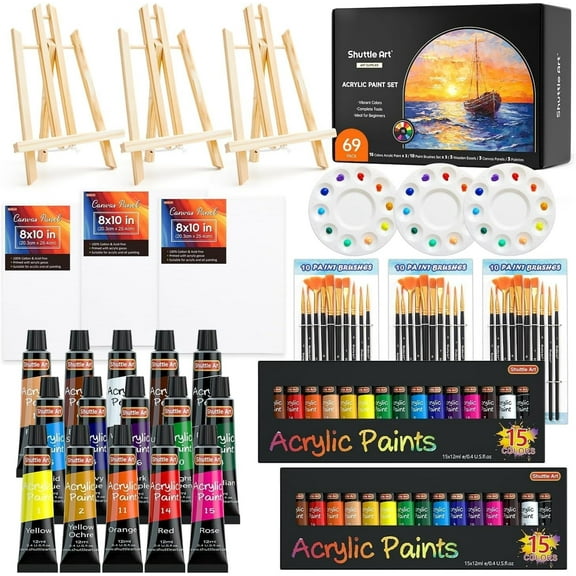 Shuttle Art 69 Pack Acrylic Paint Set, Acrylic Painting Set with 2 Pack of 15 Colors Acrylic Paint, 3 Sets of Wooden Easels, Canvas, Brushes & Palettes, Art Painting Supplies for Adults Beginner