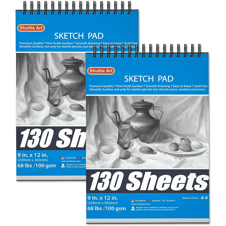 Shuttle Art 9”x12” Sketch Pad, 260 Sheets (68lb/100gsm) Drawing Pad, Pack  of 2, 130 Sheets Each, Spiral Bound Sketch Book, Durable Acid-Free Drawing