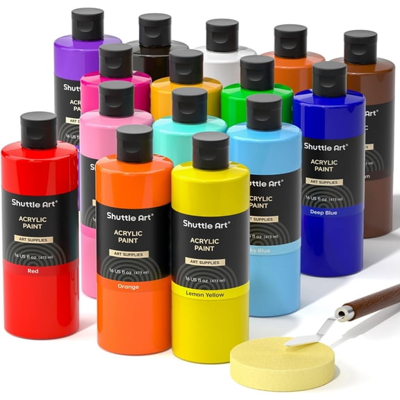 Shuttle Art Acrylic Paint, 15 Colors Acrylic Paint Large Bottle Set, 473ml/16oz Each, Rich Pigments, High Viscosity, Bulk for Artists