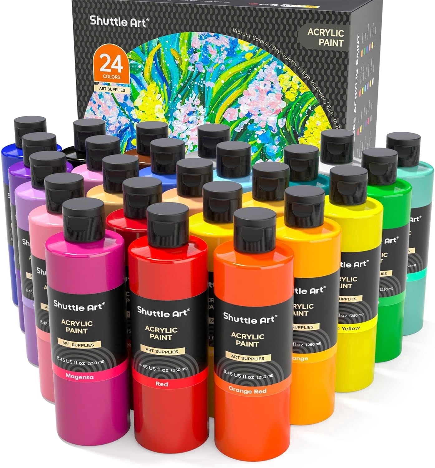 Shuttle Art Acrylic Paint, 24 Colors Acrylic Paint Bottle Set, 250ml/8.45oz Each, Rich Pigments, High Viscosity, Bulk for Artists and Beginners