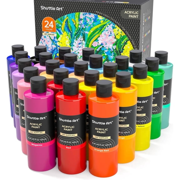 Shuttle Art Acrylic Paint, 24 Colors Acrylic Paint Bottle Set, 250ml/8.45oz Each, Rich Pigments, High Viscosity, Bulk for Artists and Beginners