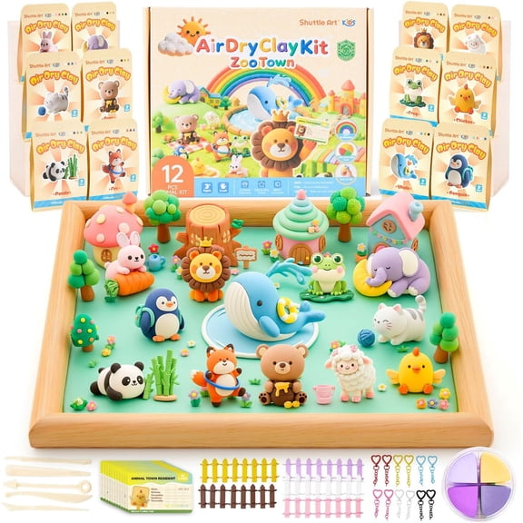 Shuttle Art Air Dry Clay - Zoo Town, 55 PCS Modeling Clay Kit with Sculpting Tools and Tutorials, Safe & Non-Sticky