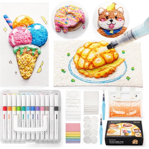 Shuttle Art 44 Pcs Magic Form Texture Painting Kit, Including 28 Pcs Foam Texture Paper, 12 Colors Brush Tip Acrylic Paint Markers, Magical 3D Effect Texture Painting Kit