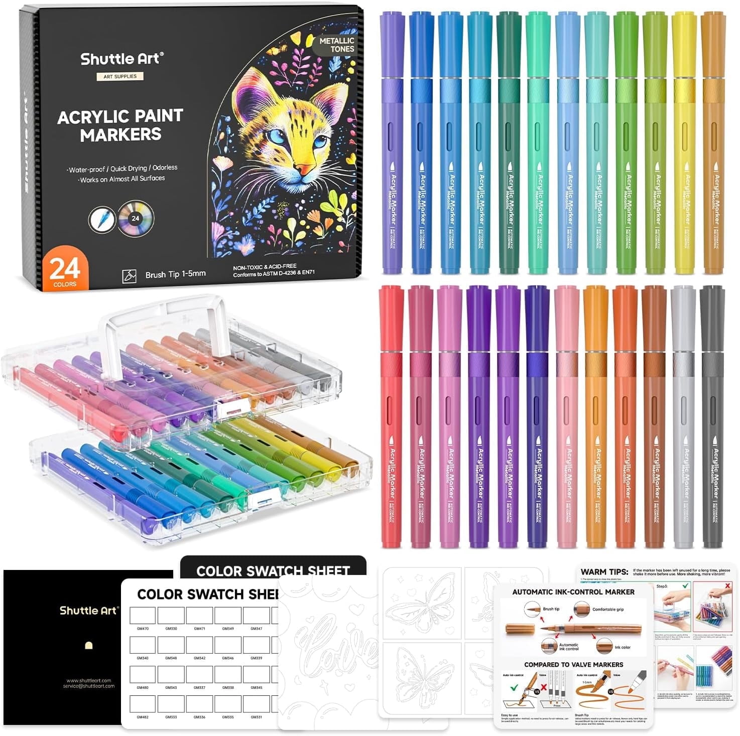 Shuttle Art Automatic Ink Control Acrylic Paint Markers, 24 Metallic Colors Brush Tip Acrylic Paint Pens for Rock Painting, Ceramic, Wood, Canvas, Glass, Stone, Fabric, Card Making