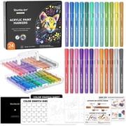 Shuttle Art Automatic Ink Control Acrylic Paint Markers, 24 Metallic Colors Brush Tip Acrylic Paint Pens for Rock Painting, Ceramic, Wood, Canvas, Glass, Stone, Fabric, Card Making