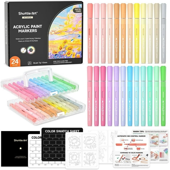 Shuttle Art Automatic Ink Control Acrylic Paint Markers, 24 Pastel Colors Brush Tip Acrylic Paint Pens for Rock Painting, Ceramic, Wood, Canvas, Glass, Stone, Fabric, Card Making