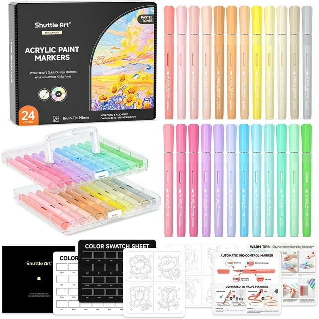 Shuttle Art Automatic Ink Control Acrylic Paint Markers, 24 Pastel Colors Brush Tip Acrylic Paint Pens for Rock Painting, Ceramic, Wood, Canvas, Glass, Stone, Fabric, Card Making