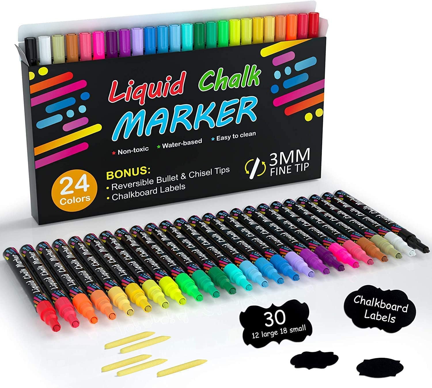 Shuttle Art Chalk Markers, 24 Vibrant Colors Liquid Chalk Markers Pens for  Chalkboards, Windows, Glass, Cars, Erasable, 3mm Reversible Fine Tip with  30 Chalkboard Labels 