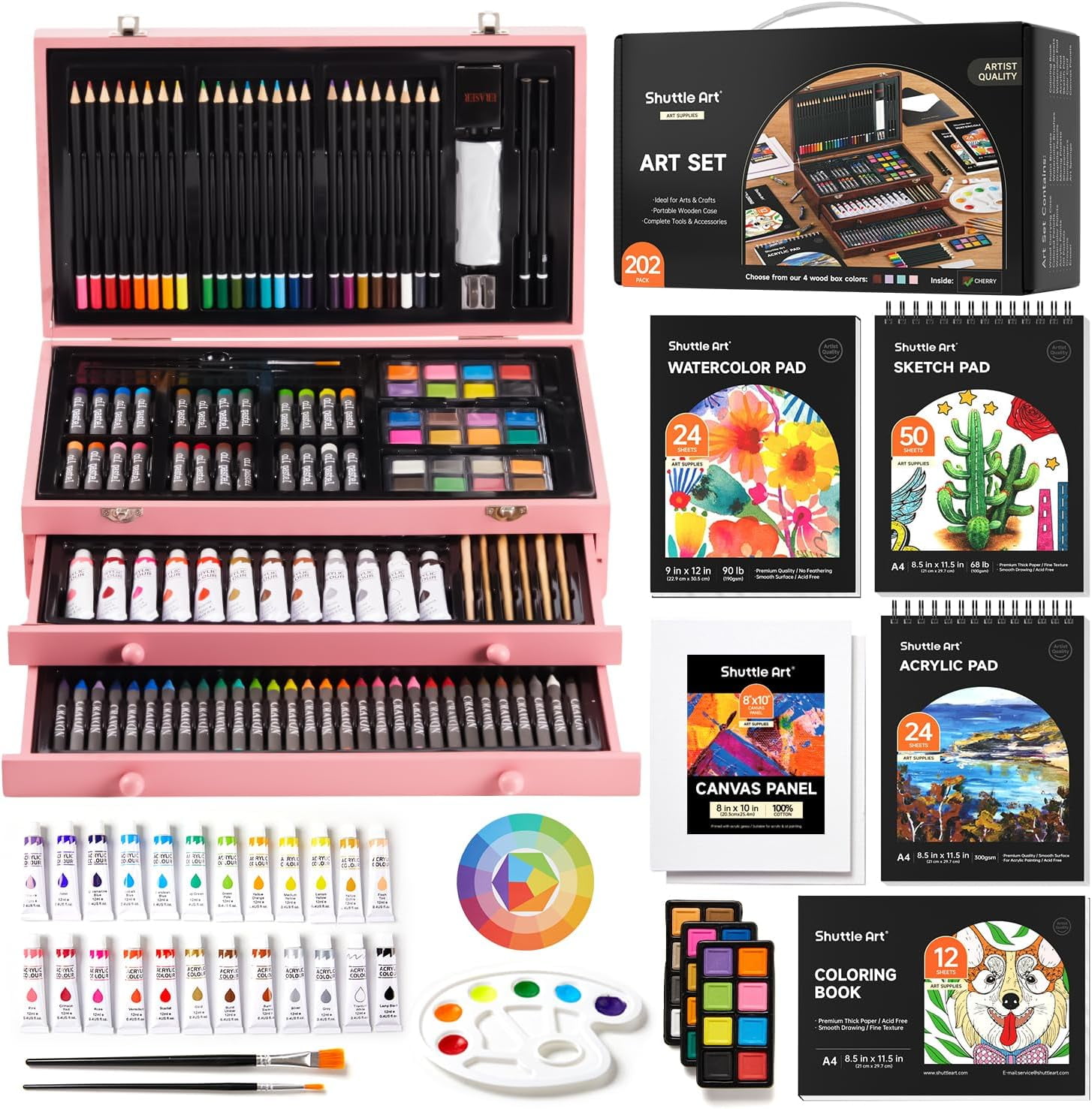 Shuttle Art Deluxe Gift Art Kit, 202-Piece Wooden Art Supplies Set