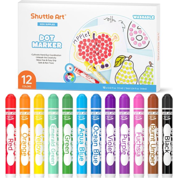 Shuttle Art Dot Markers, 12 Colors Washable Markers, Non Toxic Water-Based