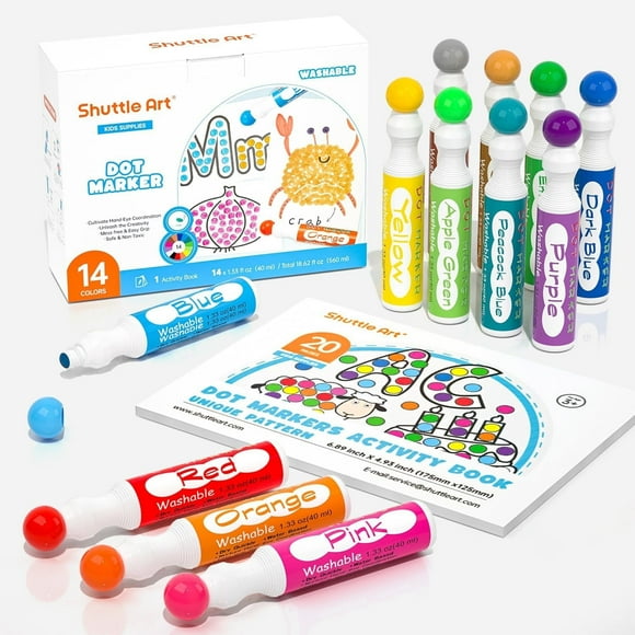 Shuttle Art Dot Markers, 14 Colors Bingo Daubers with 20 Unique Patterns of Dot Book for Art Activities, Non-Toxic Washable Coloring Markers