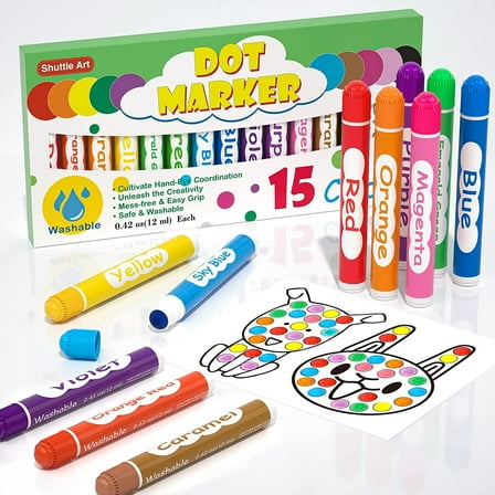 Shuttle Art Dot Markers, 15 Colors Washable Markers,Bingo Daubers Supplies, Non Toxic Water-Based