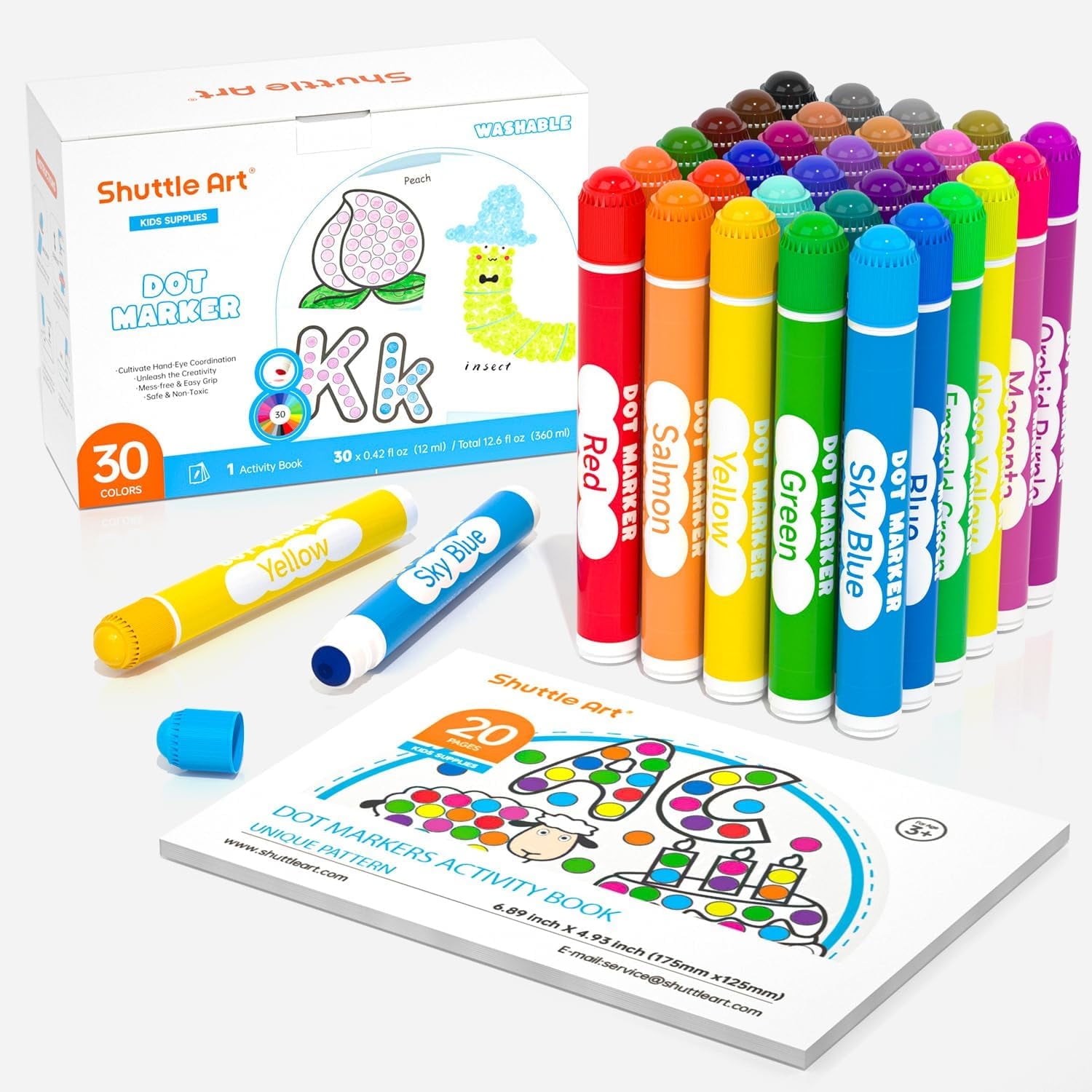 Shuttle Art Dot Markers, 30 Colors Washable with Free Activity Book, Bingo Daubers Supplies, Non Toxic Water-Based Dot Art Markers