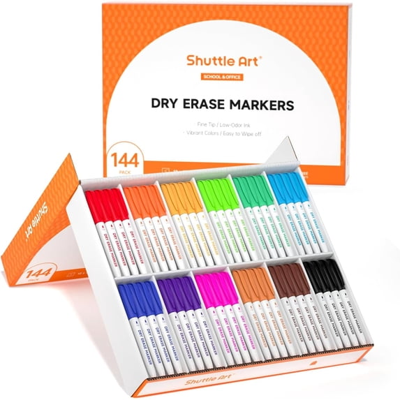 Dry Erase Markers,Shuttle Art 12 Colors 144 Bulk Pack Whiteboard Markers, Fine Point Dry Erase Markers Perfect for Writing on Dry Erase Whiteboard Mirror Glass for Office Home