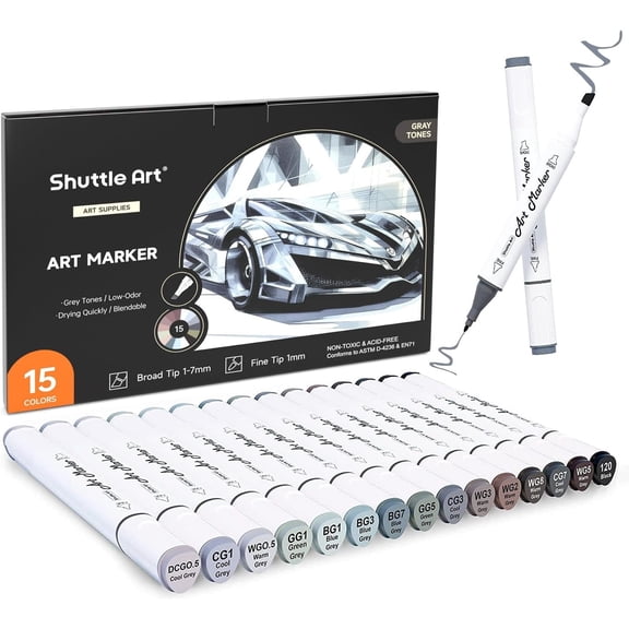 Shuttle Art Dual Tip Art Markers, Fine-Point, Gray, 15 Count Pack