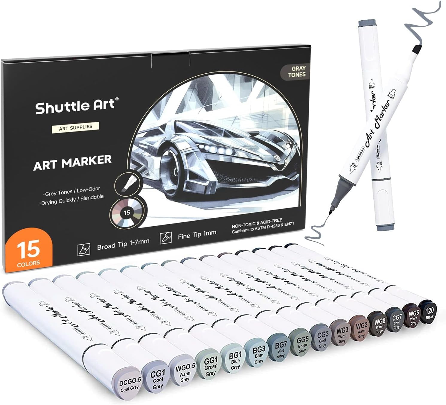Shuttle Art Dual Tip Art Markers, Fine-Point, Gray, 15 Count Pack