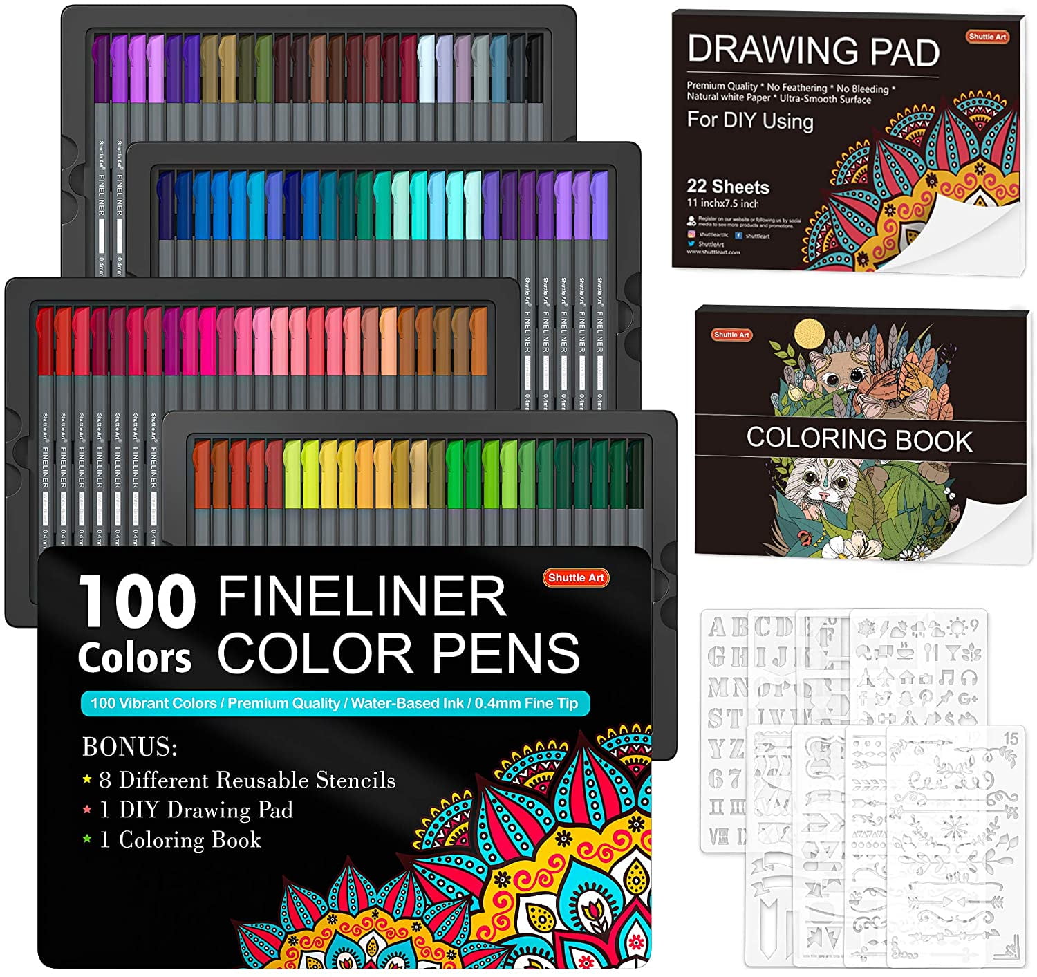 Shuttle Art Fineliner Colored Pens, 100 Colors 0.4mm Fine Point Pens with 8  Stencils and 2 Adult Coloring Books for Coloring, Drawing, Detailing,  Writing Note Taking Calendar and Journal 