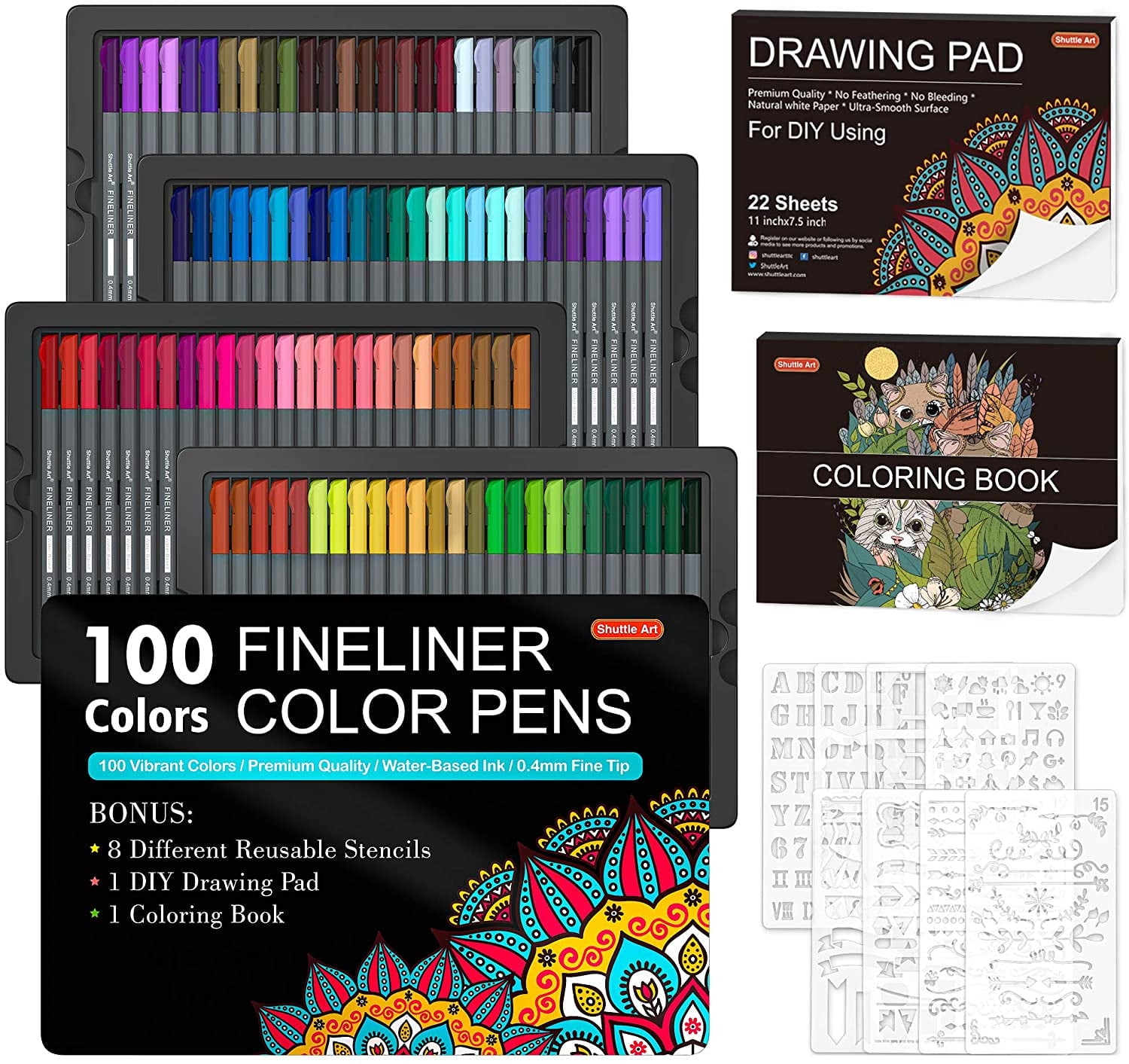 Shuttle Art Fineliner Pens Adult Coloring Stationery with 2 Stencils 2 Coloring Books Assorted Colors, 100 Count