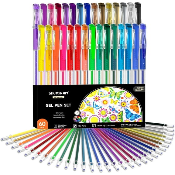 Shuttle Art Gel Pens, 60 Pack Gel Pen Set 30 Colored Gel Pen with 30 Refills for Adults Coloring Books Drawing Doodling Crafts Scrapbooking Journaling