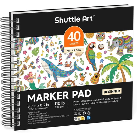 Shuttle Art Marker Pad, 8.9x8.3 Portable Sketchbook, 40 Sheets Marker Drawing Paper, 110LB/180GSM Smooth Surface Bleedproof Art Paper, Spiral-Bound, Great for Beginners to Draw, Paint & Sketch